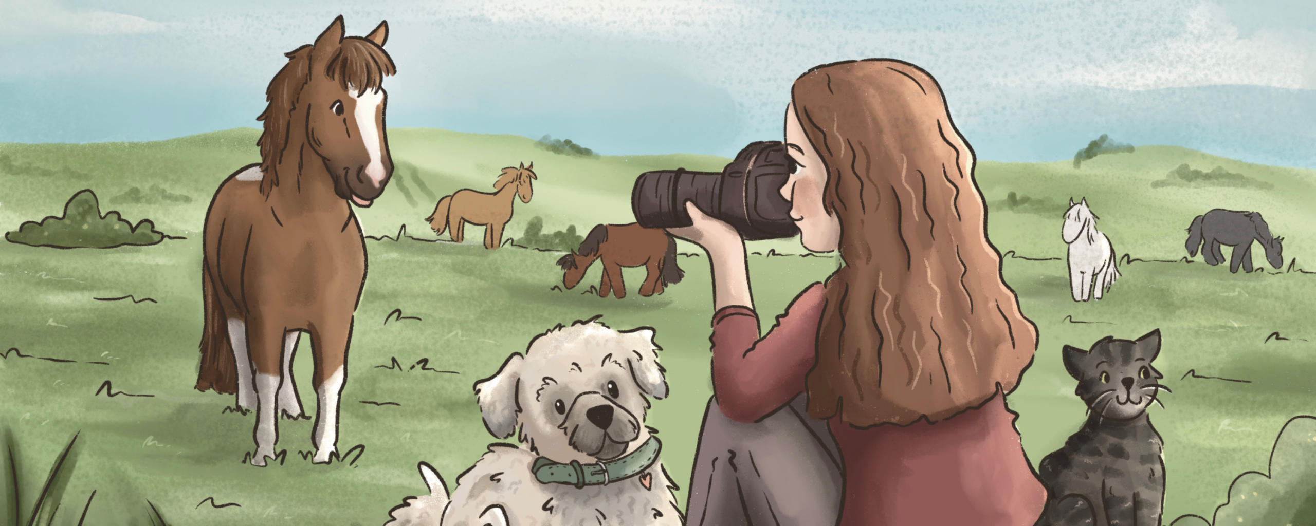 Auftragsillustration AzaniArts mit Pferden, Hund & Katze